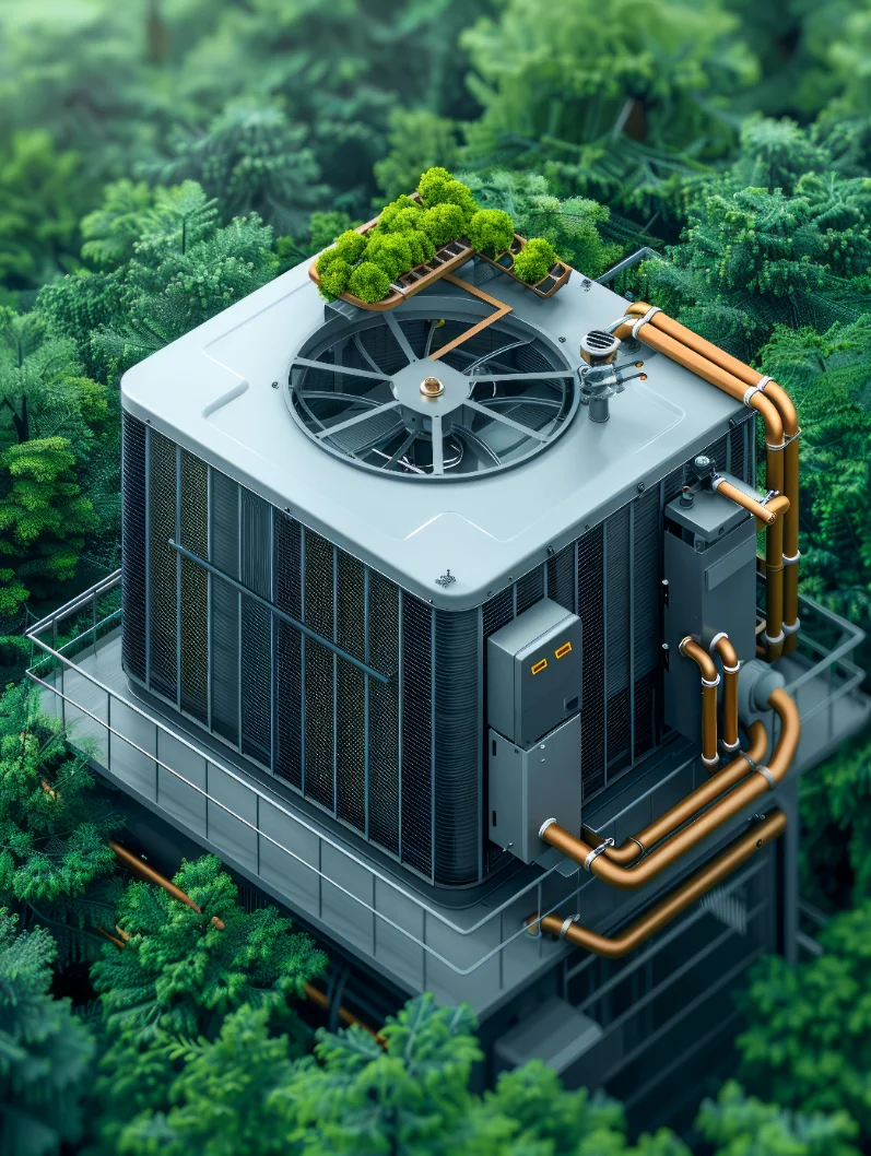 Rooftop air-cooled HVAC condensing unit with copper pipework at an industrial plant